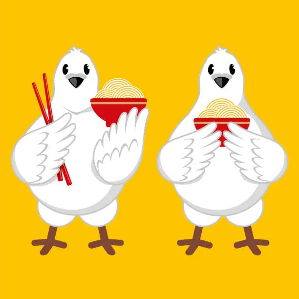 Vector illustration of Chinese dove. Pigeon eats Chinese noodles. Pigeon dish. The dove is holding Chinese chopsticks.