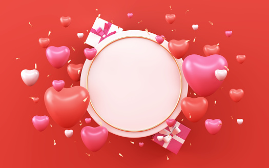 Happy valentines day frame border decoration with heart shape balloon, gift box, confetti, 3D rendering illustration. Stock photo