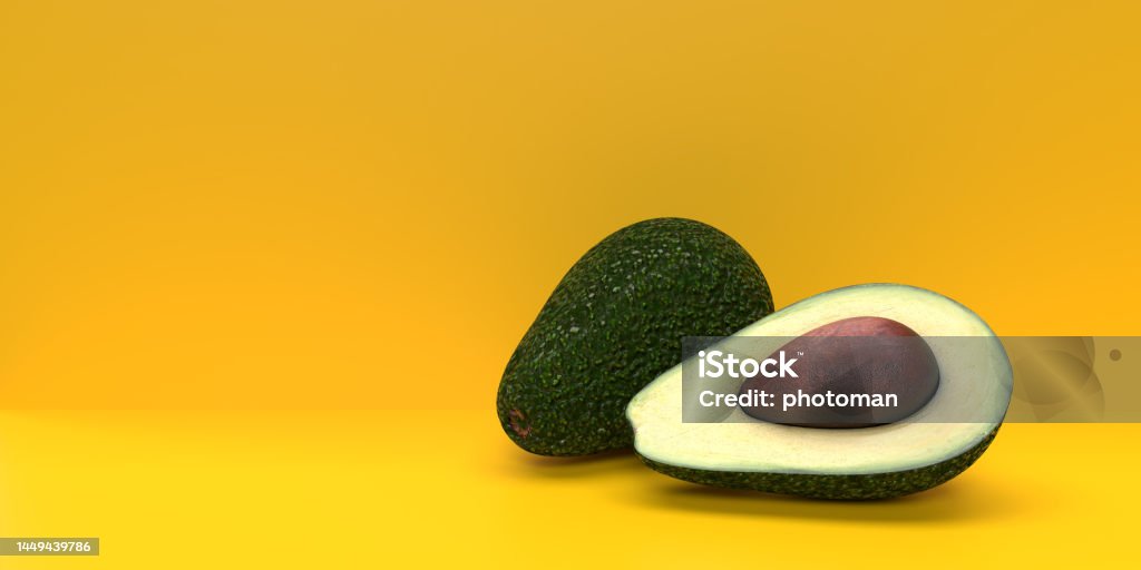 Half cut avocado fruit on yellow background Healthy Dietary food concept. Side view on realistic natural sources of Vitamines. Vegetables and fruits on empty colored background, copy space. 3D illustration poster template for beauty, cosmetic, heath product advertising. Ketogenic Diet Stock Photo