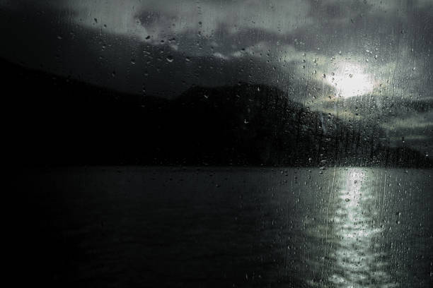 View at sea from passenger cruise ferry boat, during a dark moody winter day