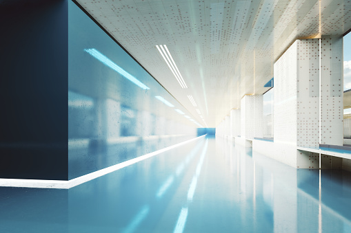 Modern business office corridor. 3D generated image.