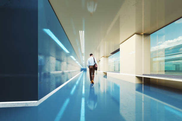Man walking in modern business office corridor. 3D generated image.