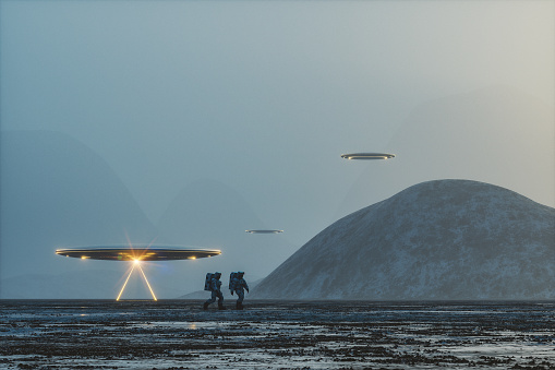 Astronaut walking on exo planet with flying UFOs. 3D generated image.