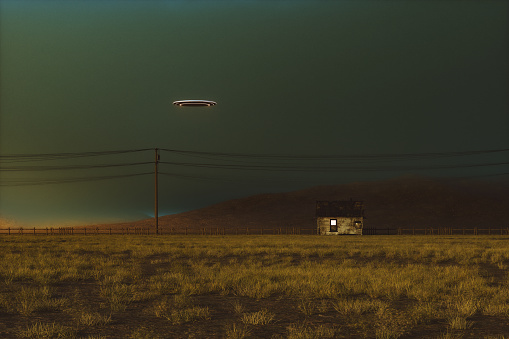 Mysterious UFO flying over rural landscape. 3D generated image.