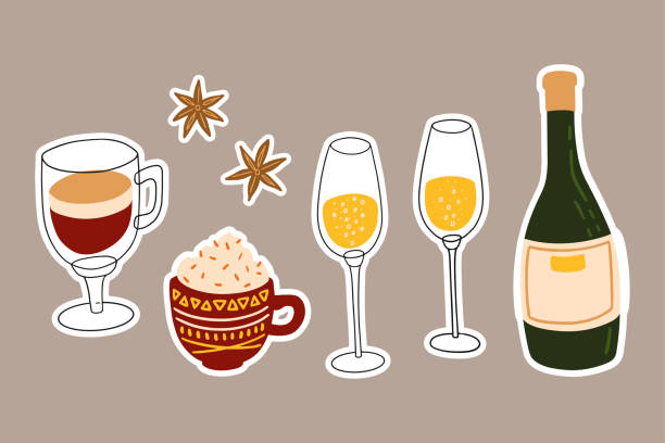 vector weihnachtswohnung feiert zu hause illustration. handbemalte prosecco-weinflasche und gläser, glühweinaufkleber - wine champagne bottle mulled wine stock-grafiken, -clipart, -cartoons und -symbole