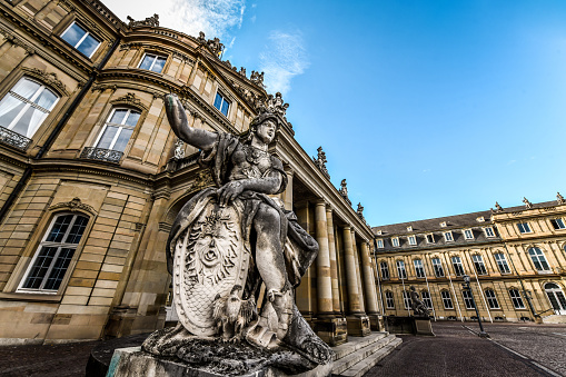 Stuttgart, Germany -15th of August, 2022. Close Up Of Athena Statue At Neues Schloss