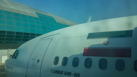 this is mahan air airbus a300 - 600 Series parked in dubai airport, UAE