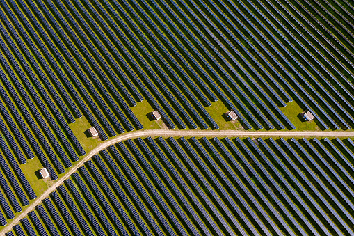 Rows of solar panels viewed from above.