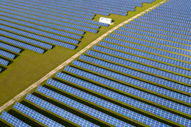 istock Aerial View of Blue Solar Panels, Green Technology 1449452037