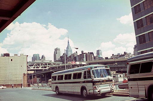 New York City, NY, USA, 1964. Bus station in New York City. Also: pedestrian, highways and buildings.