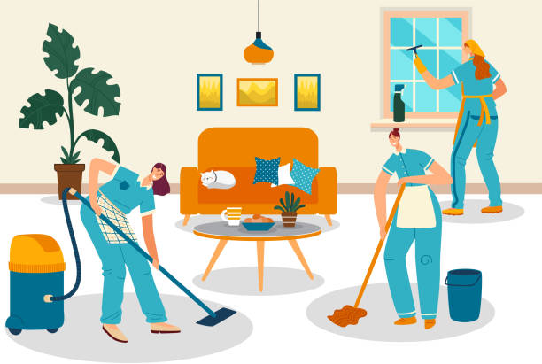 istock Cleaning service people, smiling women cartoon characters clean apartment room, vector illustration 1449461230
