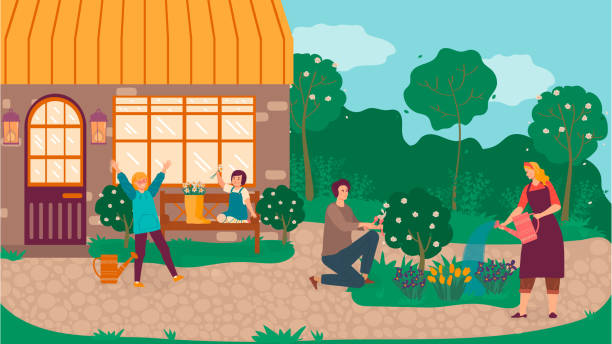 Happy family in garden planting flowers and pruning trees cartoon vector illustration of mother, father and daughter near cottage gaderning. Happy family in garden watering flowers and pruning trees cartoon vector illustration of mother, father and daughter near cottage gaderning on nature. Summer family gardeners planting greenery. farmer son stock illustrations
