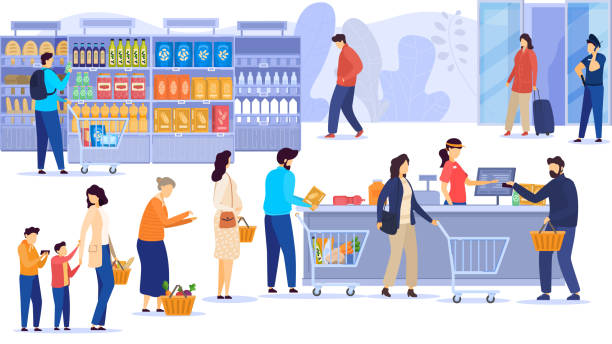 ilustrações de stock, clip art, desenhos animados e ícones de people buying food in supermarket, line at cash desk, grocery store customers, vector illustration - supermarket worker