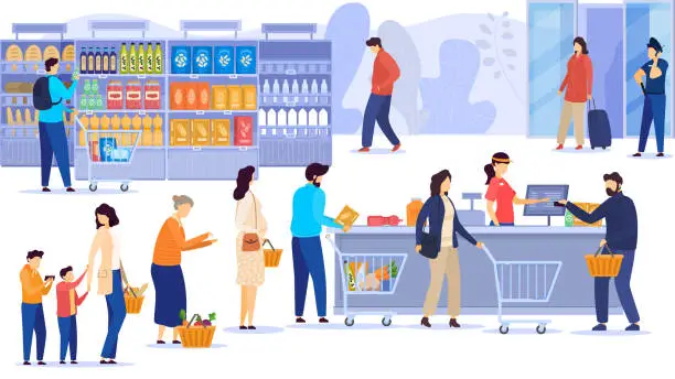 Vector illustration of People buying food in supermarket, line at cash desk, grocery store customers, vector illustration