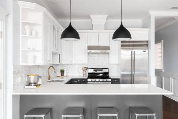 istock A kitchen with white and grey cabinets and stainless steel appliances. 1449461478