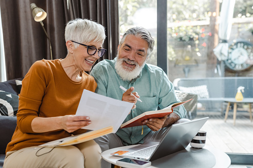 A senior couple is at home, they are sitting on the sofa and using a laptop