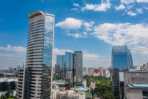 Aerial view of the biggest buildings in the financial and Business area in the city, Berrini avenue, in a sunny day.