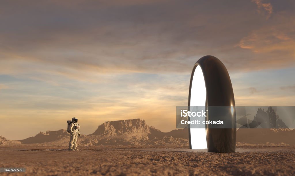 Astronaut in front of dimensional portal Futuristic Stock Photo