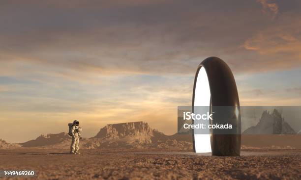Astronaut In Front Of Dimensional Portal Stock Photo - Download Image Now - Futuristic, Outer Space, Door
