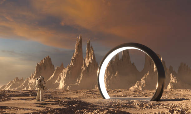 istock Astronaut in front of dimensional portal 1449469262