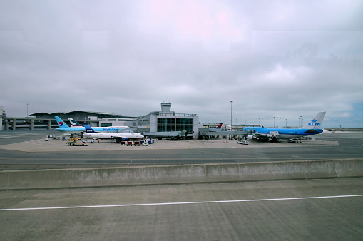 San Francisco, CA- August 6, 2011: San Francisco is an essential economy and technology center in western coast of United States. It is also an world-class travel destination. Here is airplanes parking in  International Terminal of San Francisco Internantional Airport.