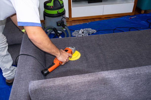 istock Man with electric polisher brush cleaning a gray sofa. 1449472261