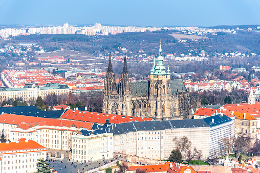 Aerial view of Prague Castle, Czech: Prazsky hrad, with Saint Vitus Cathedral. Panoramic view from Petrin lookout tower. Prague, Czech Republic.