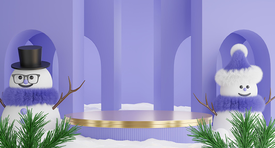 3d render of christmas podium with snow man for product display.