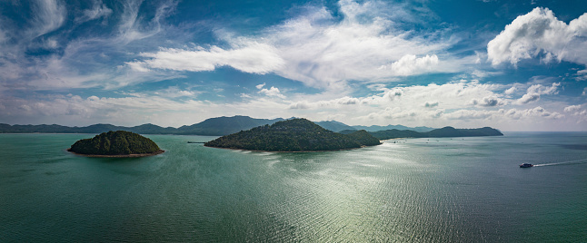 Koh Yao Yai Phang Nga Bay Panorama. Aerial Drone Point of View Stiched Panorama in early morning light. Ko Yao Yai is a Thai island in the Andaman Sea, halfway between Phuket and Krabi. Ko Yao Yai Island, Phang Nga Bay, Phuket, Thailand, Southeast Asia.