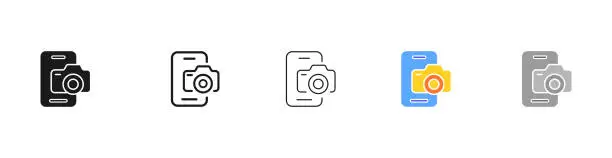 Vector illustration of Phone with Photo cameras set icon. Take pictures, image, photographer, digital, device, shutter, lens, creative occupation, hobby, art. Vector five icon in different style on white background
