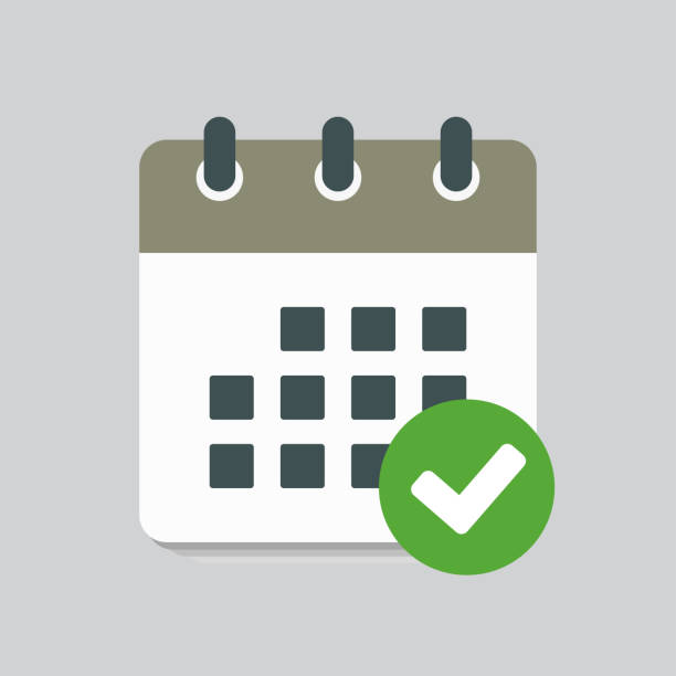 Icon calendar - popup message marl done, check Icon page calendar - popup message with mark done. Symbol yes, success, check, approved, confirm. Reminder, schedule line simple sign. Concept can be used for presentation, layout, banner, graph payment done stock illustrations
