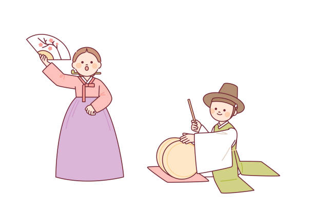 Korean traditional culutre A cute character wearing a hanbok is singing pansori, a traditional Korean song. The conductor is beating the drums. korea singer stock illustrations