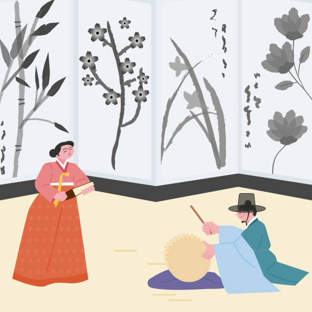 Korean traditional culutre A stage with oriental screens. A singer is singing a traditional Korean song. The conductor is beating the drums. korea singer stock illustrations