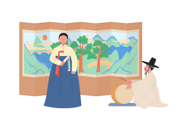 Korean traditional culutre A singer wearing a hanbok is singing. The conductor is beating the drums. korea singer stock illustrations