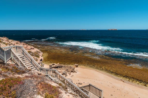 Chinamans Hat boardwalk at Innes National Park on a bright day, Yorke Peninsula, South Australia
