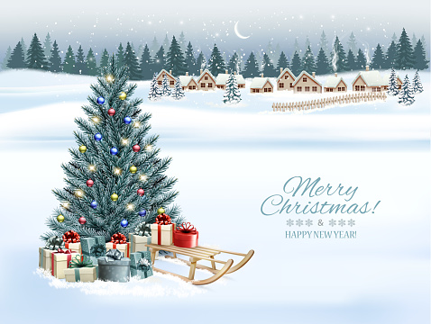 Holiday Christmas and Happy New Year background with a winter village and  a blue christmas tree, winter sledge and colorful presents. Vector.
