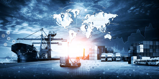 istock World map with logistic network distribution on background. Logistic and transport concept in front Logistics Industrial Container Cargo freight ship for Concept of fast or instant shipping, Online goods orders worldwide 1449484431