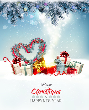 Merry Christmas and Happy New Year background with heart shaped Christmas tree branches, colorful gift boxes and a magic box. Vector