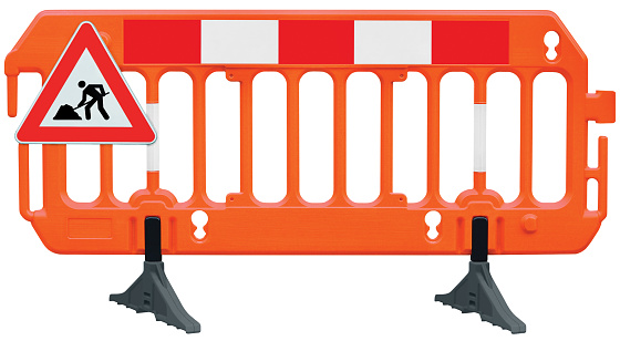 Obstacle detour barrier fence roadworks barricade, orange red and white luminescent stop signal, UK road works sign, seamless isolated closeup, horizontal traffic safety railing warning signage, large detailed temporary access reroute, brand new PVC block