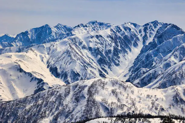 The Snow-capped Mt. Karamatsu and Mt. Goryu and Mt. Kashimayari in the Japan Alps