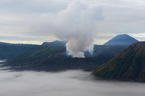 Morning atmosphere at Mount Bromo in East Java, Indonesia. Heavy cloudy