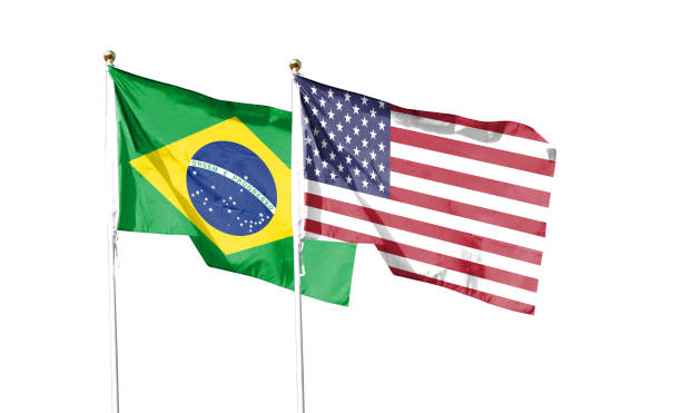 istock Brazil flag with American flag, clipping path isolated on white background. Shut down that waving flag. symbol. Frame with empty space for your text 1449499681