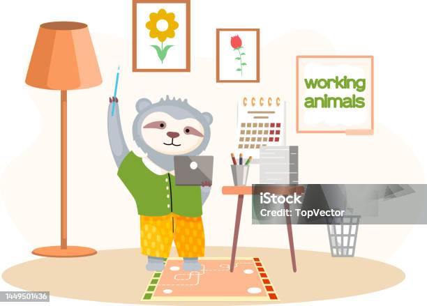 Animals Using For Work Vector Working Animals Cute Cartoon Character Works At Home With Laptop ...