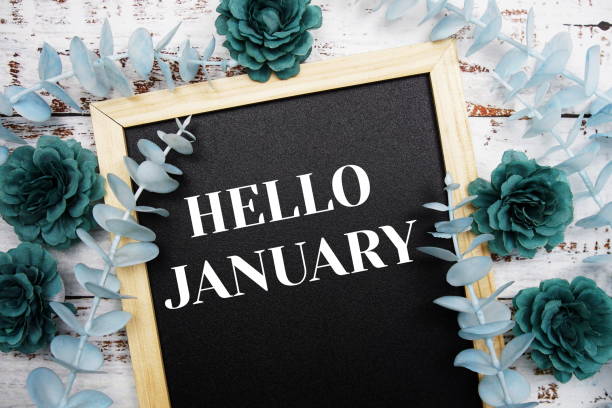 istock Hello January typography text and flower dcoration on blackboard background 1449502166