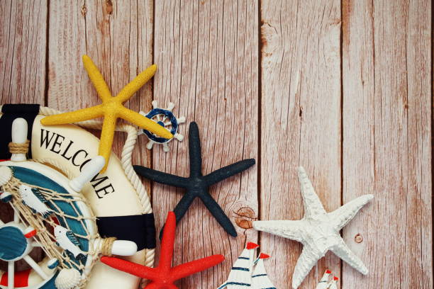 istock Marine Items nautical Decoration with space copy on wooden background 1449503256