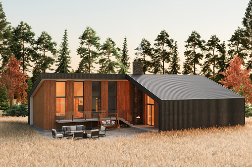 Modern Cottage With Overgrown Grass In Autumn