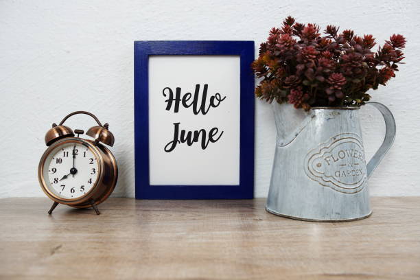 istock Hello June typography text with alarm clock and artificial plant decoration on wooden table and white wall background 1449504609