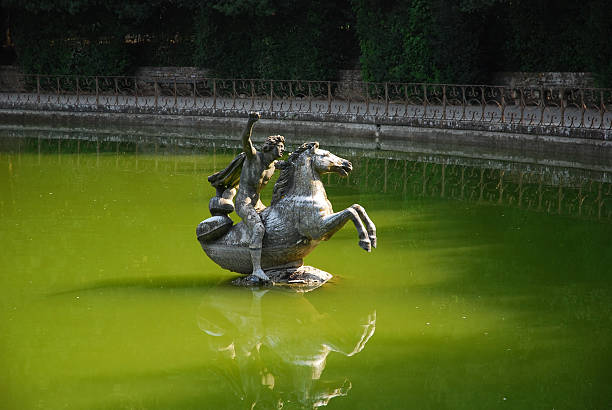 Statue in Pond (Boboli Gardens) Man on Horse Sculputure standing in Pond, Boboli Gardens, Florence, Tuscany, Italy giardini di boboli stock pictures, royalty-free photos & images