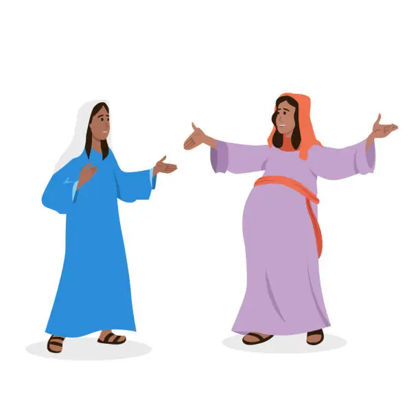 Vector illustration of Mary Visits Elizabeth John the Baptist Leaps In Joy. Flat vector illustration isolated on white background