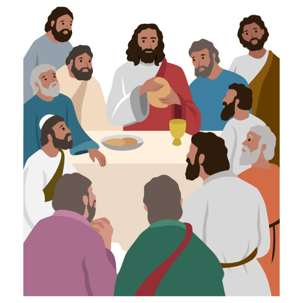 ilustraciones, imágenes clip art, dibujos animados e iconos de stock de religión, biblia, concepto de cristianismo. ilustración de la serie religiosa bíblica del nuevo testamento. última cena de jesucristo de carácter cristiano y 12 apóstoles discípulos antes de la crucifixión del hijo de dios. - apostle